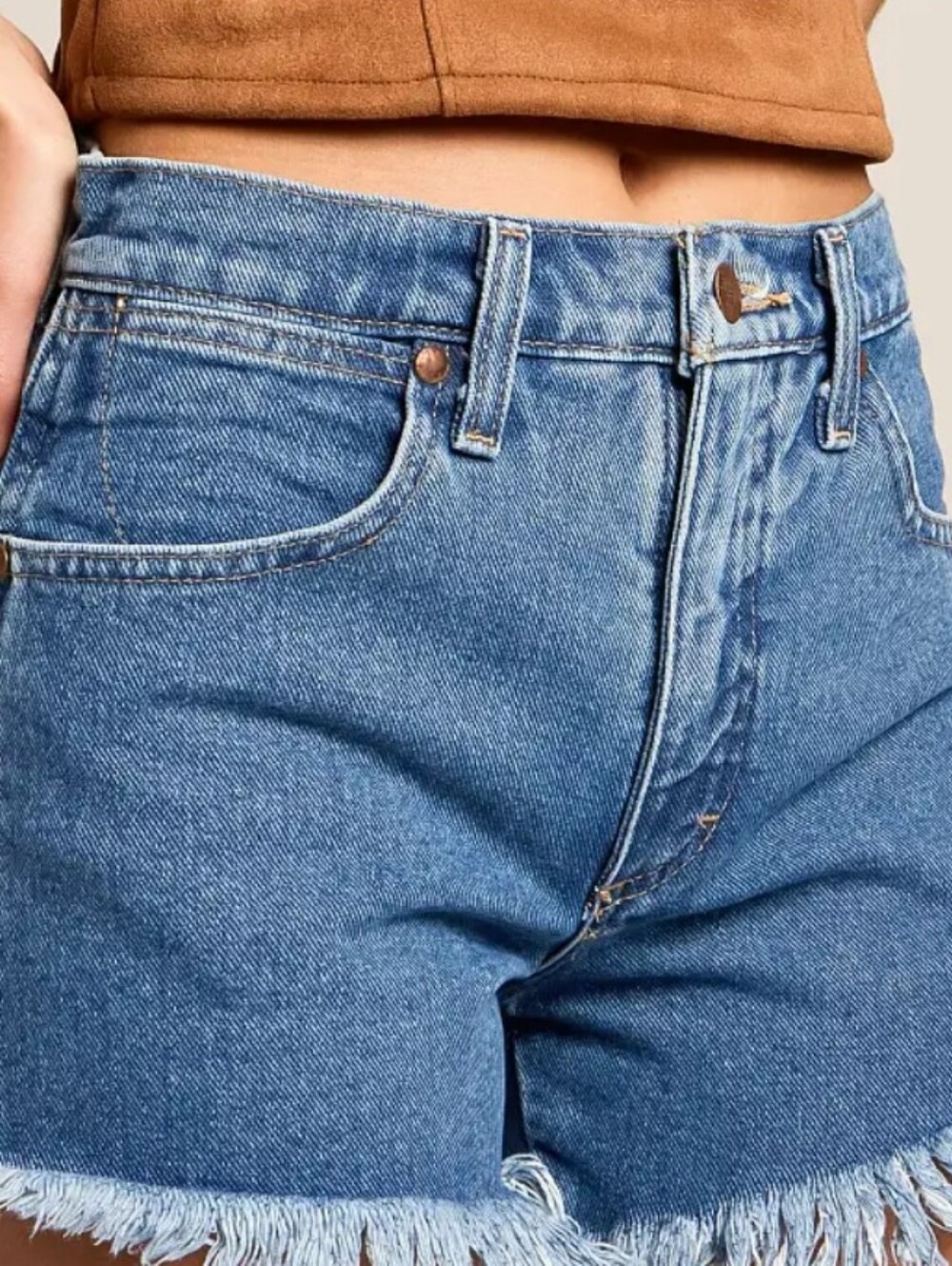 Wrangler Reworked High Waisted Cowboy Cut Off Denim Shorts - Picture 8 of 8